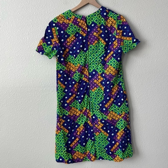 Vintage Retro 70's Bright Colorful Floral Geometric Midi Dress- Size Large - Picture 7 of 7